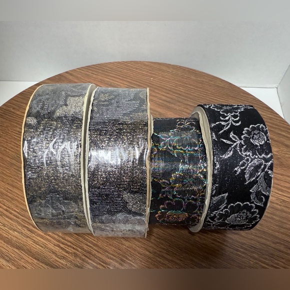 Lion Ribbon 4 Vtg Rolls Black Floral Metallic  Mystique 25yd -2 new seal/2 used - Picture 3 of 4